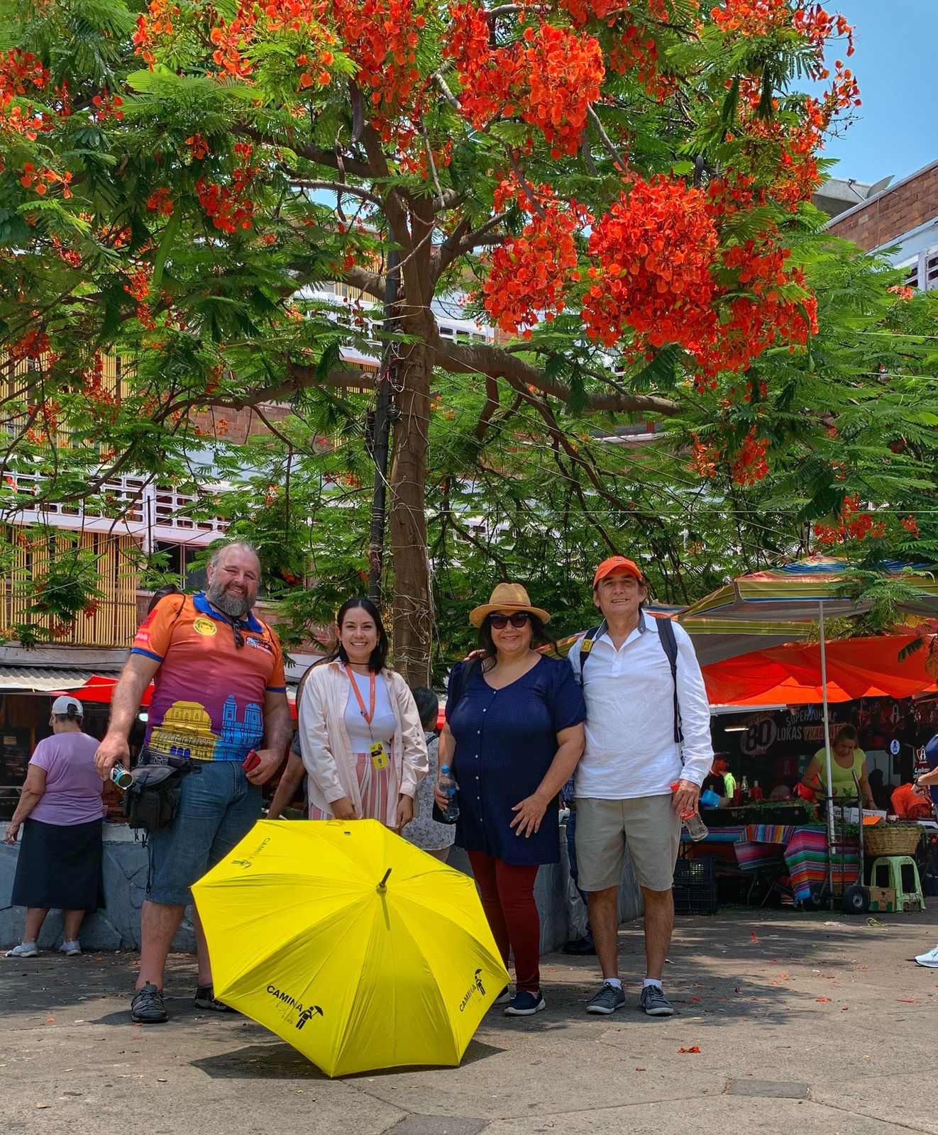 Personas bajo un árbol con flores naranjas y paraguas amarillo.