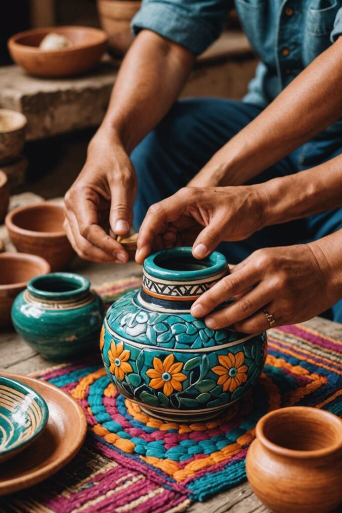 Manos trabajando en cerámica tradicional mexicana colorida.