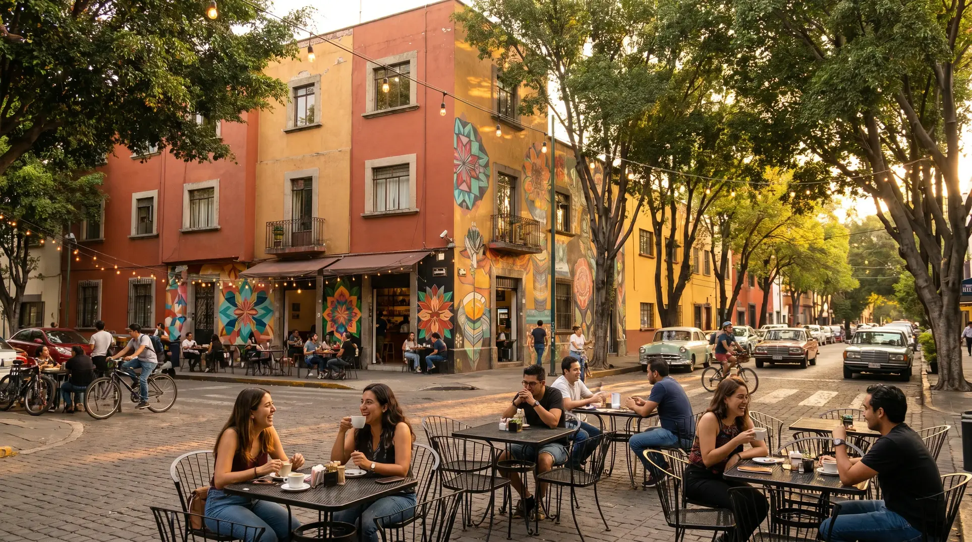 An outdoor café or restaurant on a bustling street with people sitting at tables, enjoying drinks and conversation. The street is lined with colorful buildings, including one with bright murals. Strings of lights hang overhead, trees provide shade, and a few people are cycling along the street. The atmosphere is warm and inviting, typical of a vibrant urban neighborhood.