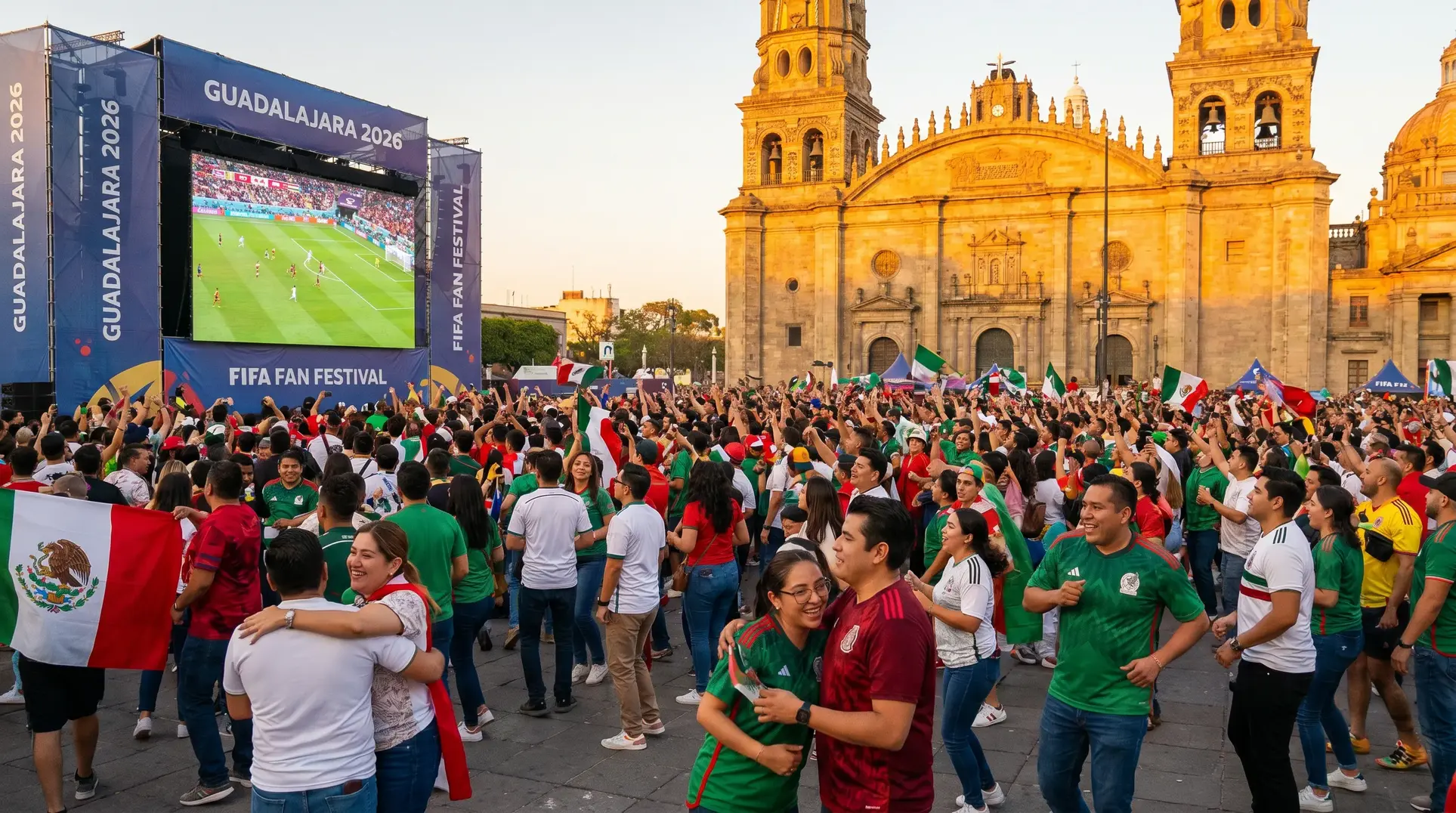 A large crowd gathers in front of a giant screen displaying a soccer match at the 'Guadalajara 2026 FIFA Fan Festival.' Fans wearing green jerseys and waving Mexican flags are seen supporting Mexico's national team. The festive scene is set near a historic domed building, possibly a cathedral, creating a lively atmosphere for the soccer event celebration.