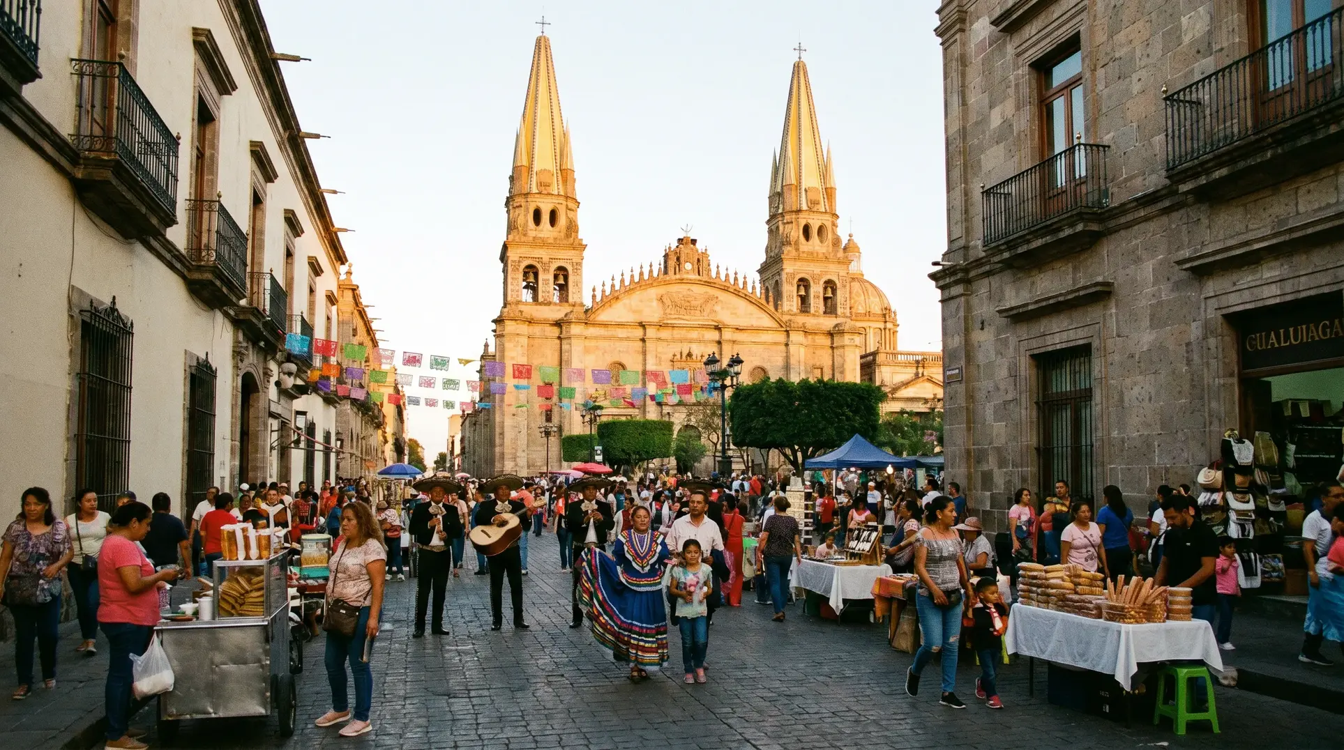 A vibrant street scene featuring people walking and shopping. Vendors line the street selling items, while colorful papel picado banners hang overhead. In the background, a large cathedral with two prominent towers is visible. The atmosphere is festive, with people in traditional clothing and musicians playing instruments, indicating a celebration or cultural event.