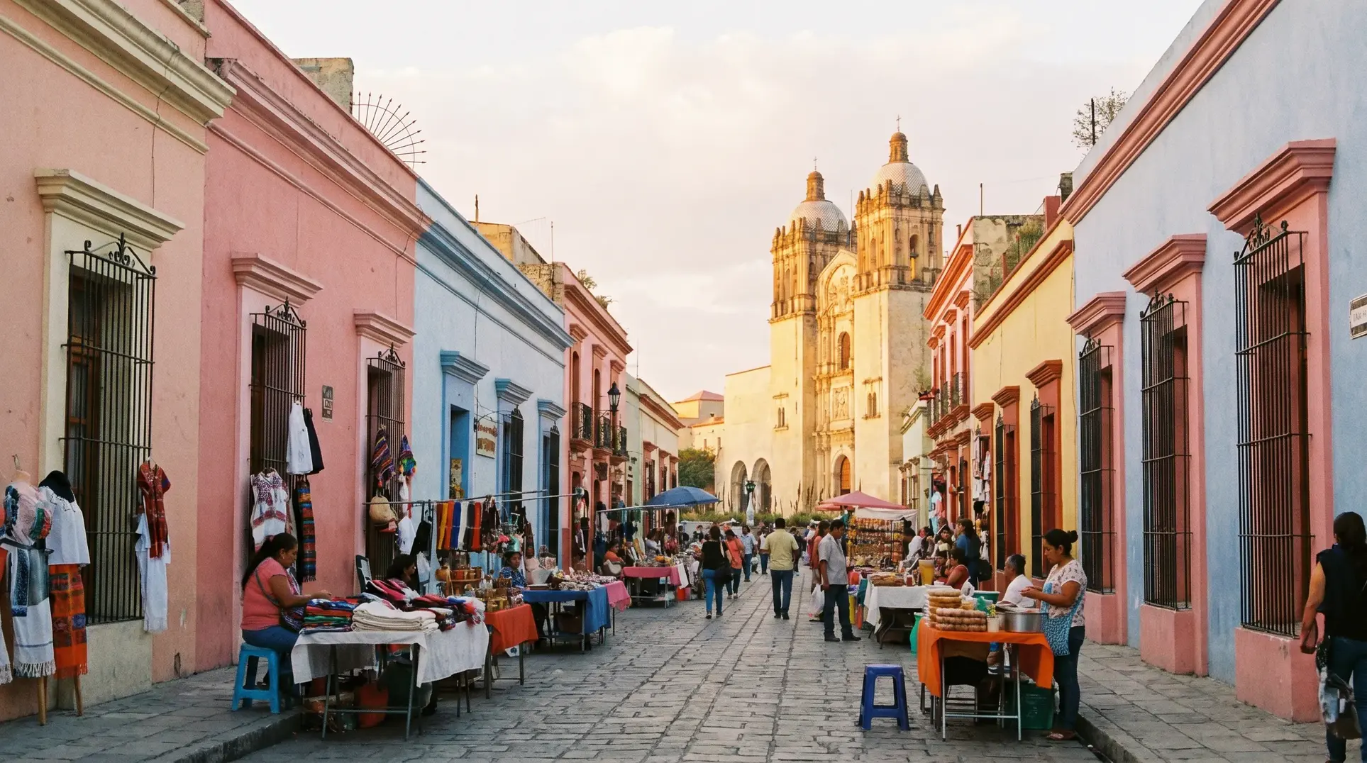A vibrant street market scene with colorful buildings lining the street. Vendors have set up stalls selling textiles, clothing, and crafts, while people browse and walk around. In the background, a prominent historical building with towers, possibly a church or cathedral, adds to the cultural atmosphere. The setting feels lively and inviting.