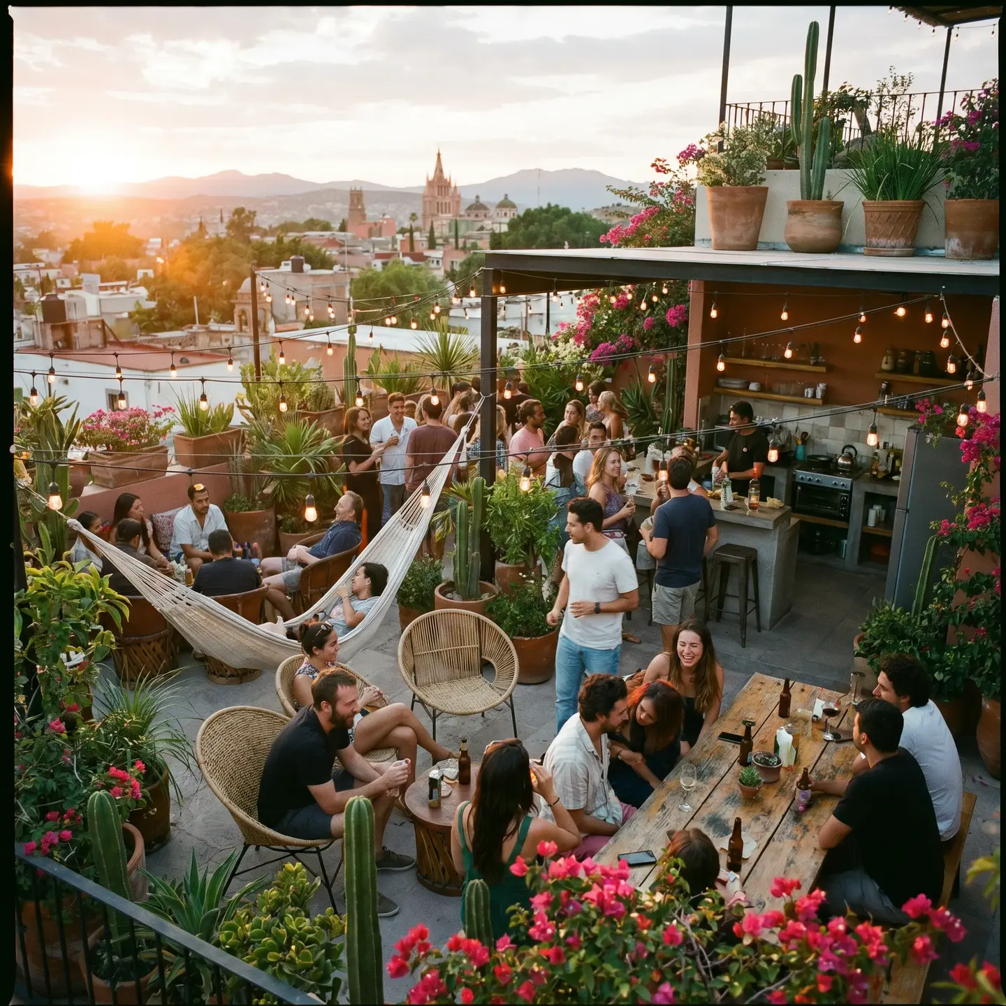 Coliving rooftop evening gathering