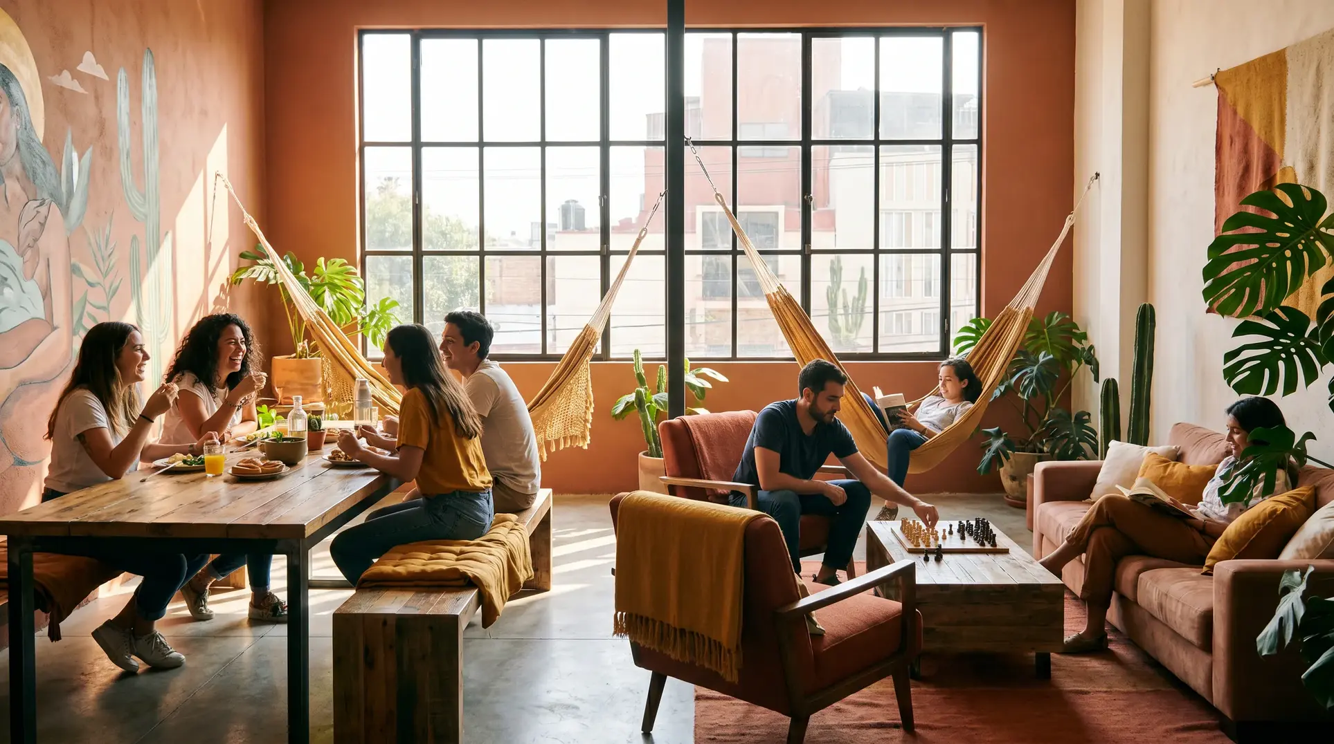 A cozy, well-lit indoor space featuring a large window. On the left, four people sit at a wooden dining table, eating and talking. On the right, two people play chess while others read. The room is decorated with plants, a mural, and hammocks, creating a warm and inviting environment.