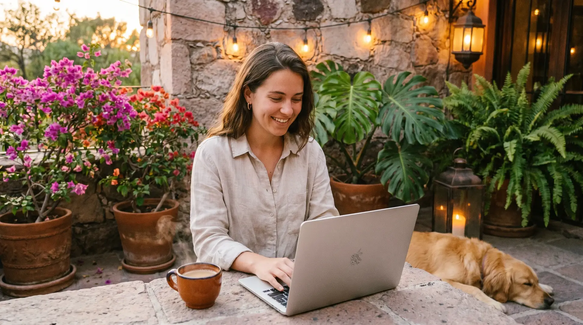A person is seated at a stone table working on a laptop while smiling. Around them are potted plants with colorful flowers, and small hanging lights are strung along a stone wall. A cup is placed on the table, and a dog is lying on the ground nearby, creating a relaxed and cozy atmosphere.